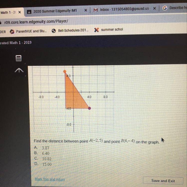 Find the distance between point A(-2,5) and point B(4,- 4) on the graph.-example-1