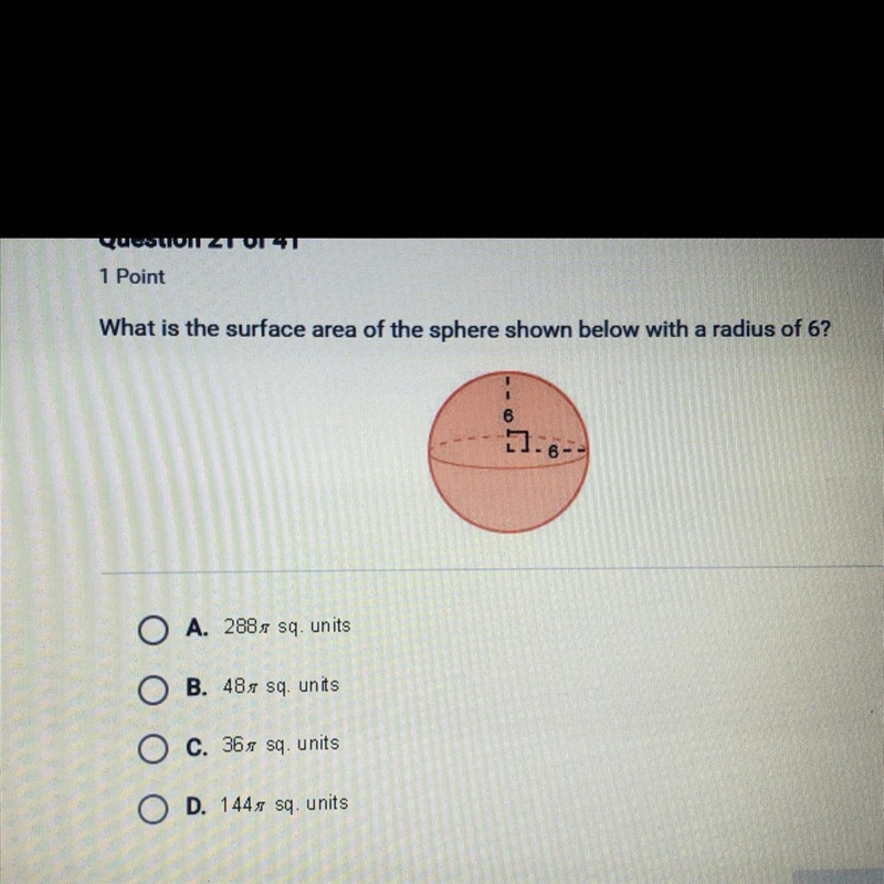 What is the surface area of the sphere shown below with a radius of 6?-example-1