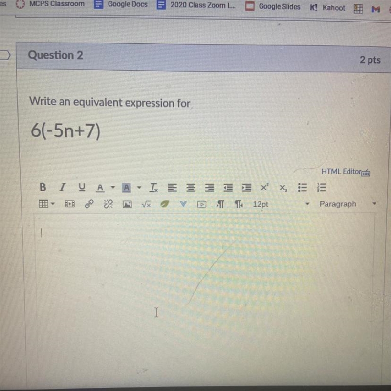 Write an equivalent expression for 6(-5n+7)-example-1