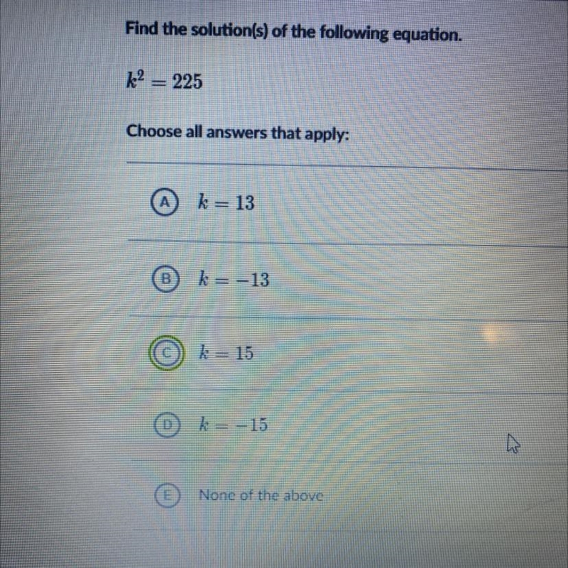 Find the solution(s) of the following equation. K^2=255-example-1