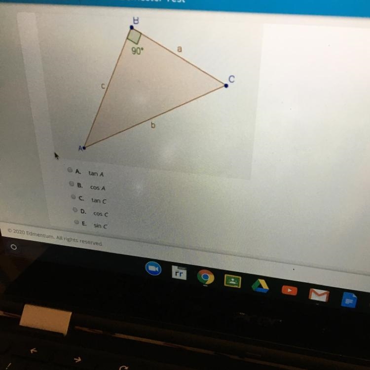 In AABC, which trigonometric ratio has the value a/c?-example-1