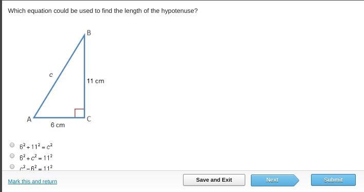 Which equation could be used to find the length of the hypotenuse?-example-1