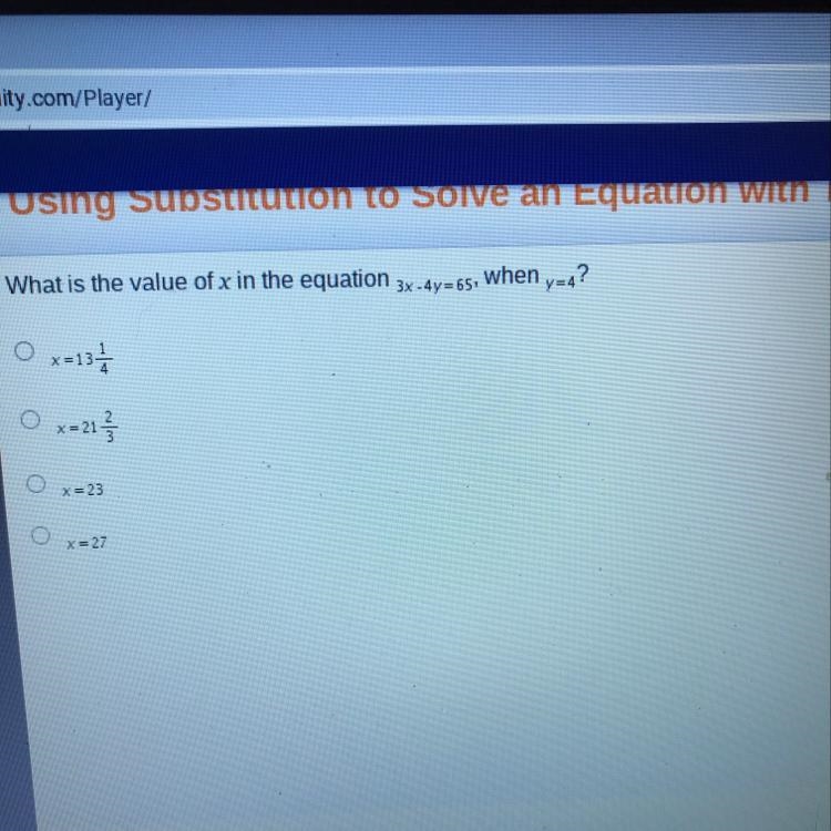 What is the value of the x in the equation 3x-4y=65 when y=4-example-1