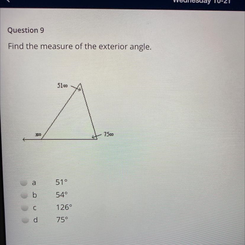 Question 9 Find the measure of the exterior angle.-example-1