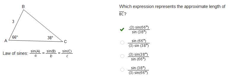 Triangle A B C is shown. Angle B A C is 66 degrees and angle A C B is 38 degrees. The-example-1