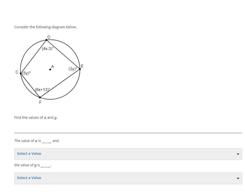 Consider the following diagram below. Find the values of x and y.-example-1