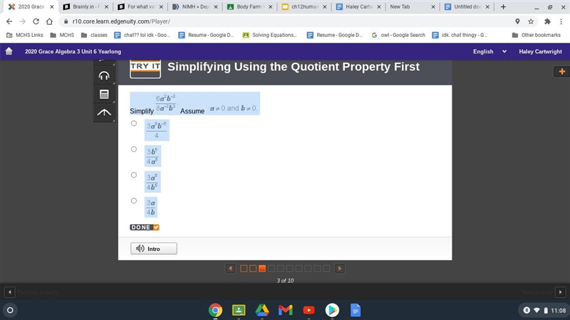 Simplify 6a^2b^-2/8a^-3b^3 Assume a≠0 b≠0-example-1