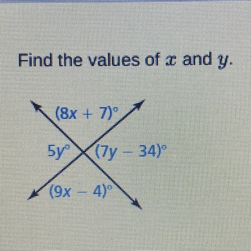 Find the values of < and y. (8x + 7) 5yº (7y -- 34) = (2x - 4)^-example-1