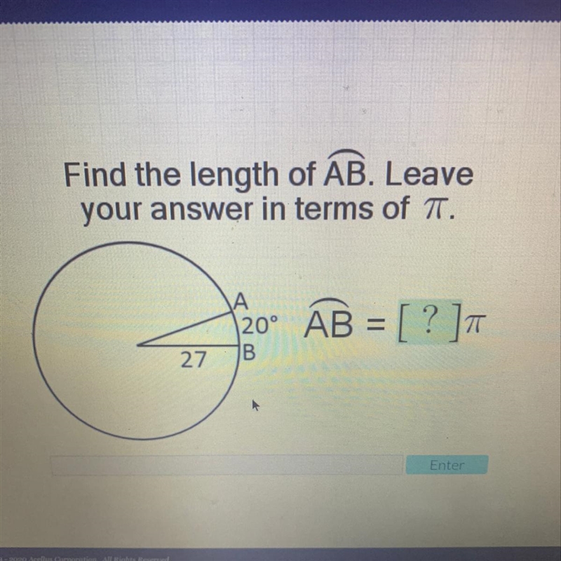 PLEASE HELP!!! Find the length of AB. Leave your answer in terms of T. А 20° AB = [?] 27 B-example-1