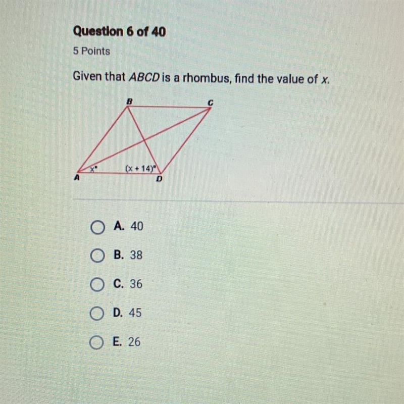 Given that ABCD is a rhombus, find the value of x. (X+14)-example-1