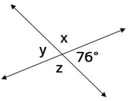 Find x, y, and z. x=76°, y = 104°, z = 104° x=104°, y = 104°, z = 76° x=104°, y = 76°, z-example-1