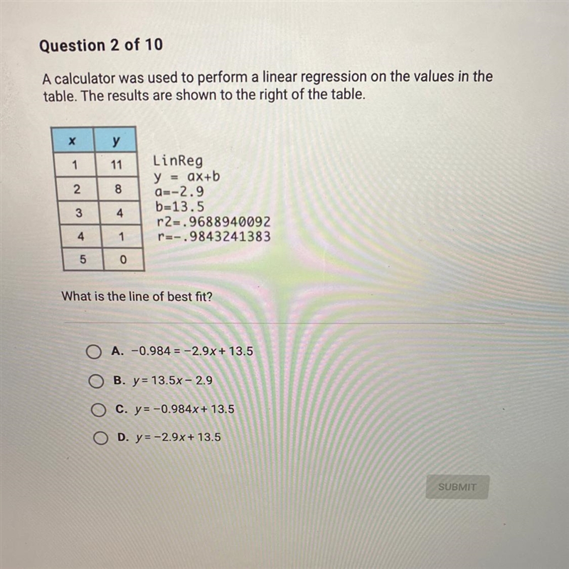 PLEASE HELP!!! A calculator was used to perform a linear regression on the values-example-1