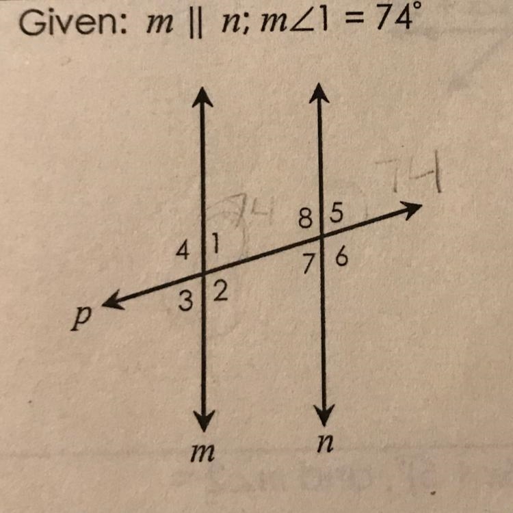 Given: mZ1= 74 Find the measures of 4, 3, 2, 8, 5, 7, and 6 It would help a lot :D-example-1