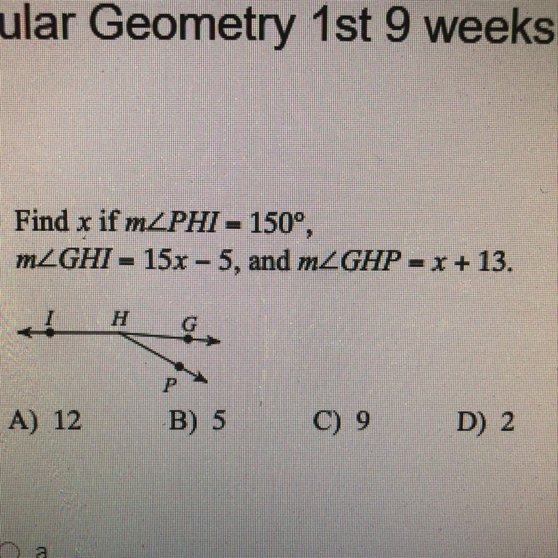 Find x if mZPHI = 150º, mZGHI = 15x – 5, and mZGHP = x + 13-example-1