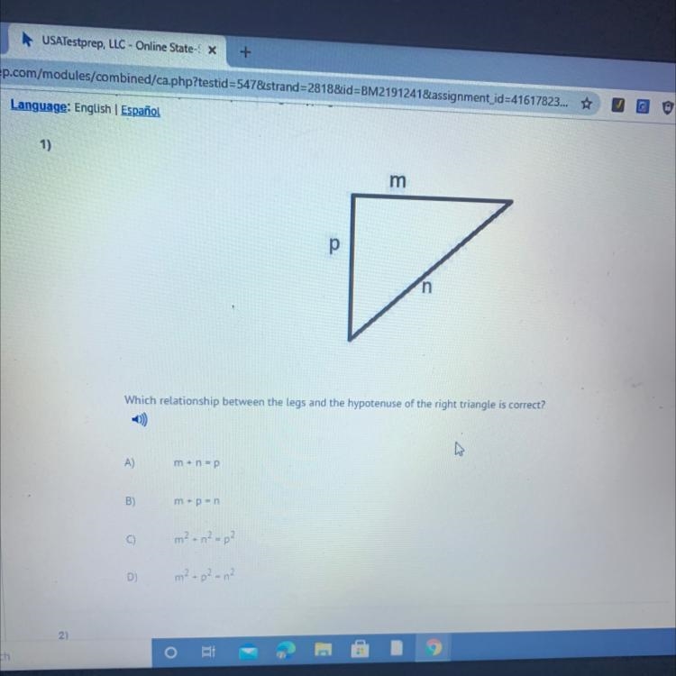 Which relationship between the legs and the hypotenuse of the right triangle is correct-example-1