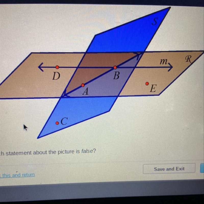 Which statement about the picture is false? A. Planes R and S intersect at AB B.Line-example-1