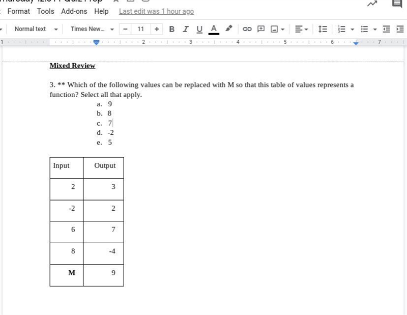 Which of the following values can be replaced with M so that this table of values-example-1