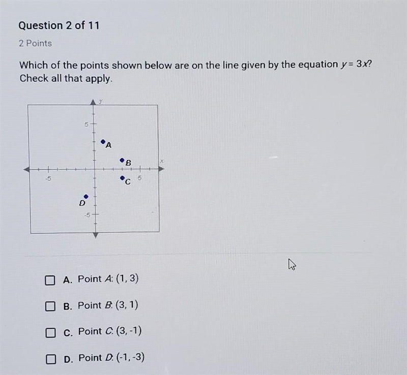 Which of the points shown below are on the line given by the equation y = 3x? Check-example-1