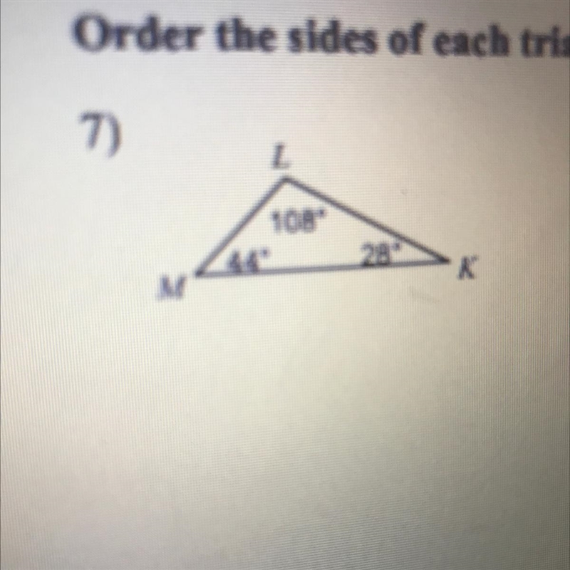 Order the sides of each triangle from shortest to longes-example-1