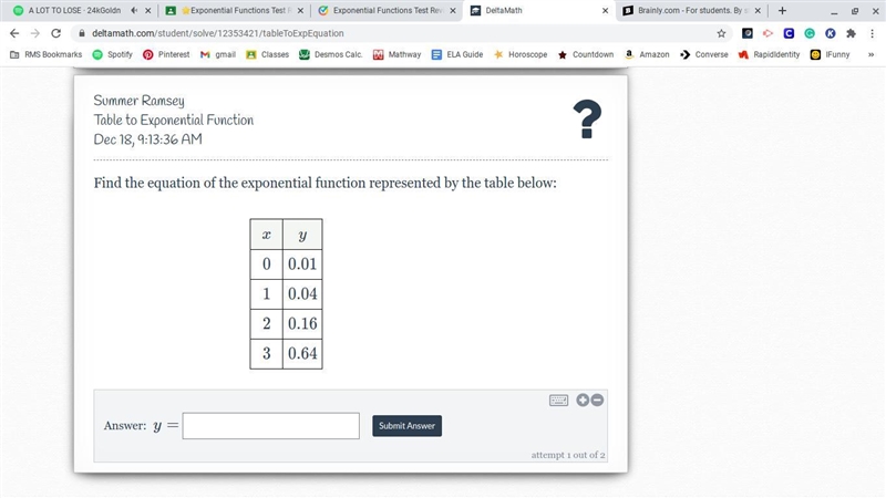 Find the equation of the exponential function represented by the table below:-example-1