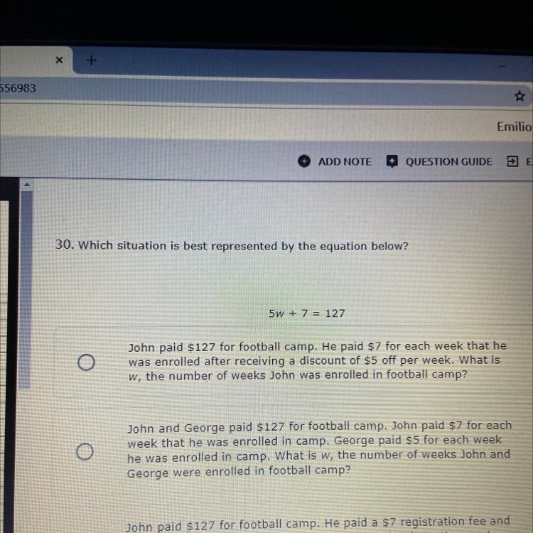 John paid $127 for football camp. He paid $7 for each week that he was enrolled after-example-1