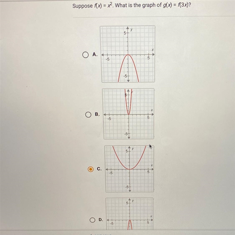 PLEASE HELP!! Suppose f(x)=x^2. What is the graph of g(x)=f(3x)-example-1