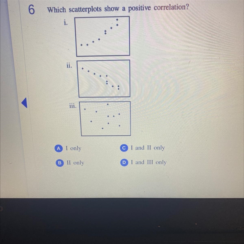 Which scatterplots show a positive correlation? i. ii. ini. A I only I and II only-example-1