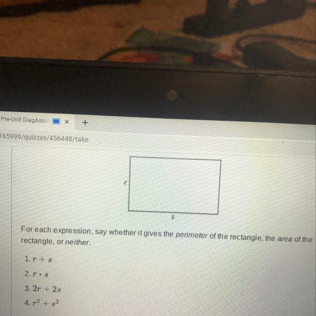 This rectangle has side lengths r and s. For each expression, say whether it gives-example-1