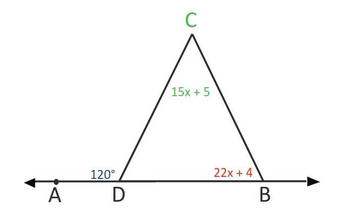 Geometry: Find the measure of angle B. 120, 22x+4, 15x+5-example-1