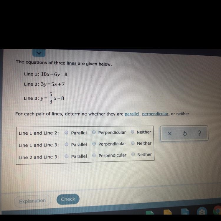 HELP !! The equations of three lines are given below. Line 1: 10x - 6y=8 Line 2: 3y-example-1