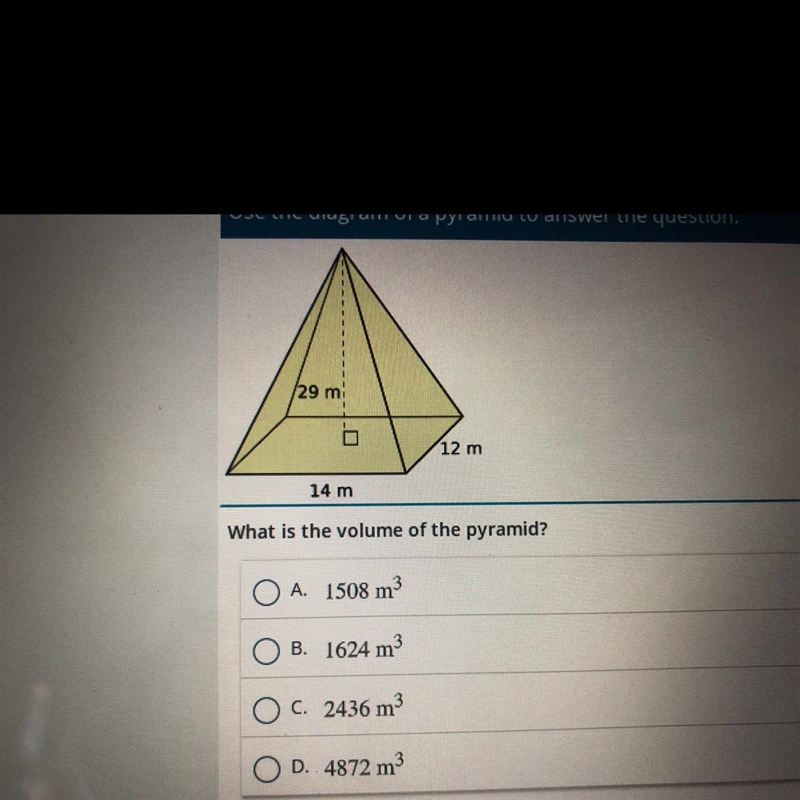 Use the diagram of a pyramid to answer the question. What is the volume of the pyramid-example-1