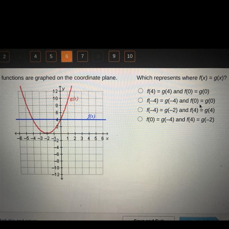 Two functions are graphed on the coordinate plane. Which represents where f(x) = g-example-1