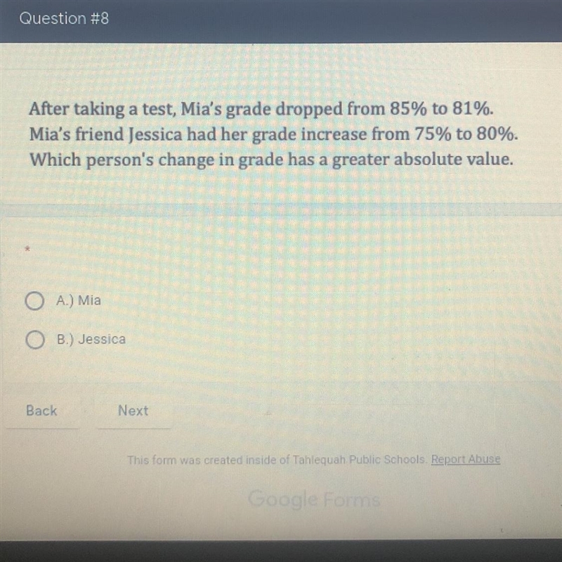 After taking a test, mias grade dropped from 85% to 81%-example-1