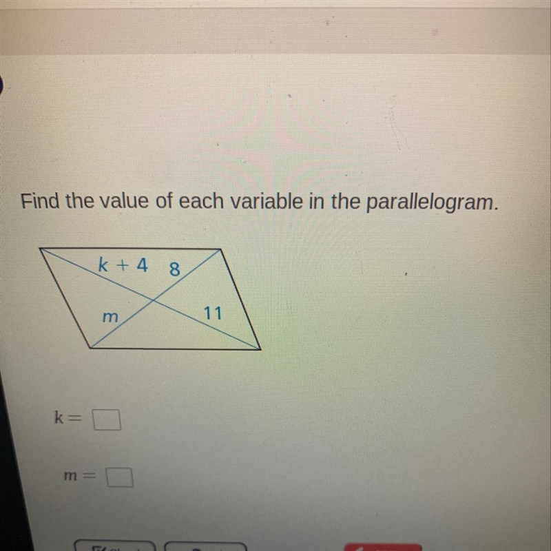 Find the value of each variable in the parallelogram. Please show work, if possible-example-1