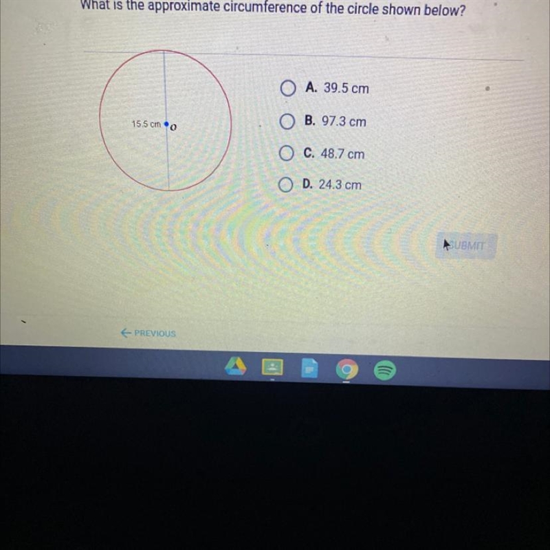 What is the approximate circumference of the circle shown below?-example-1