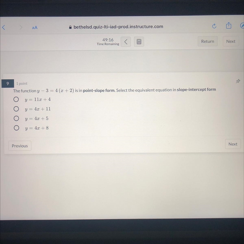 The function y - 3 = 4(x + 2) is in point-slope form. Select the equivalent equation-example-1