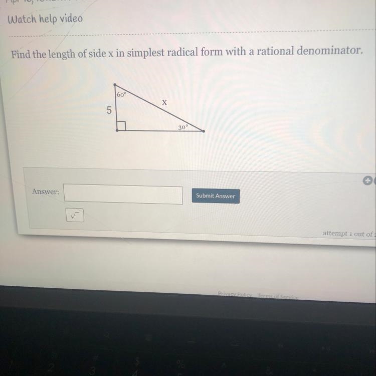 Find the length of side x in simplest radical form with a rational denominator-example-1