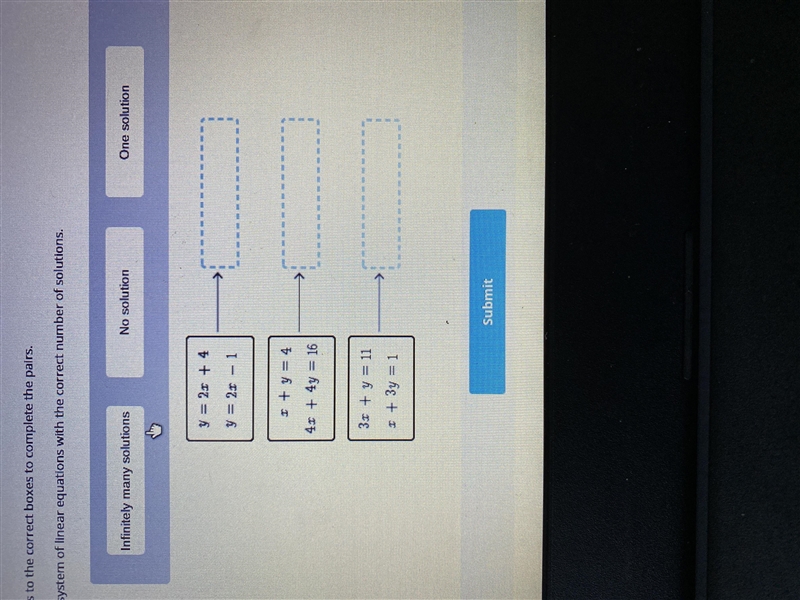 Match each system of linear equations with the correct number of solutions-example-1