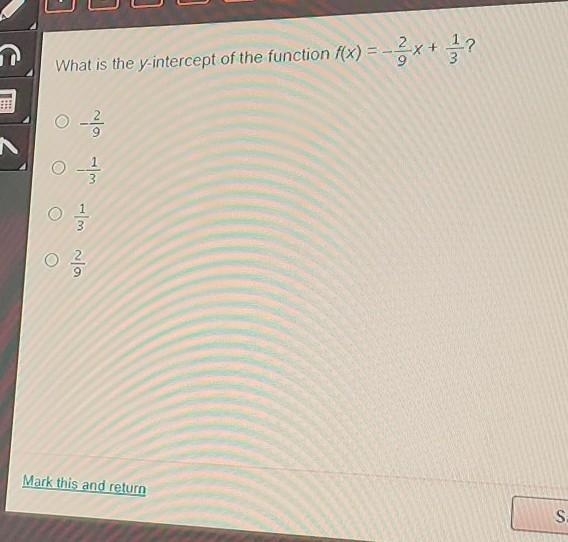 Help please and thank you What is the y intercept of the function f(x)= -2/9x + 1/3? ​-example-1