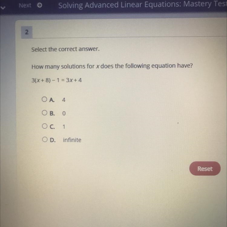 3(X + 8) - 1 = 3x+4 How many solutions for x does the following equation have OA. 4 OB-example-1