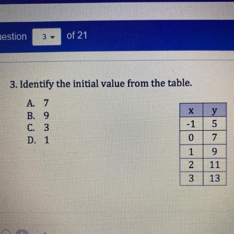 3. Identify the initial value from the table. A. 7 B. 9 C. 3 D. 1-example-1