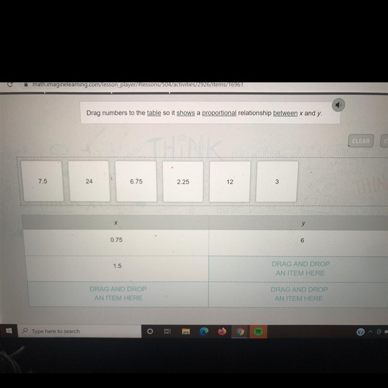 PLEASE ANSWER FAST drag numbers to the table so it shows a proportion relationship-example-1