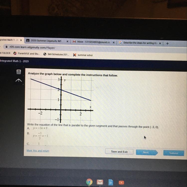 Write the equation of the line that is parallel to the given segment and that passes-example-1