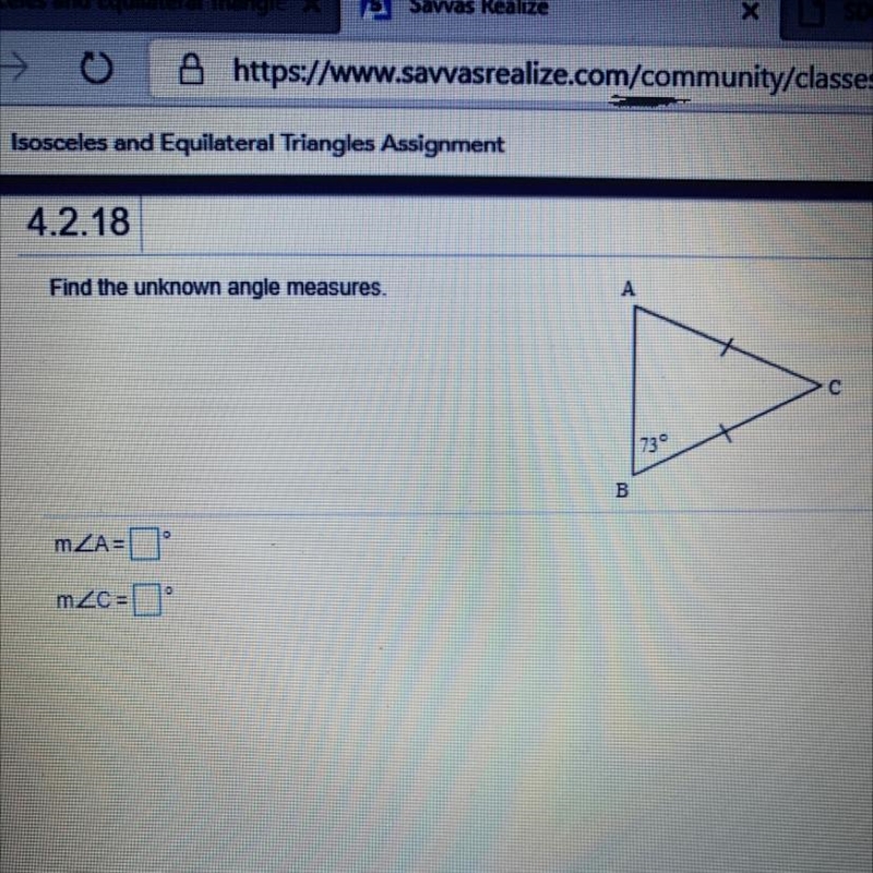 Find the unknown angle measures. А с 730 B mZA- m2-0 O-example-1