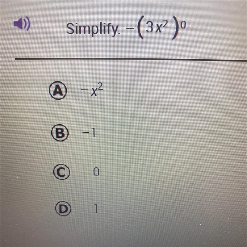 Simplify. - (3x2)0 Please and thank you:)-example-1