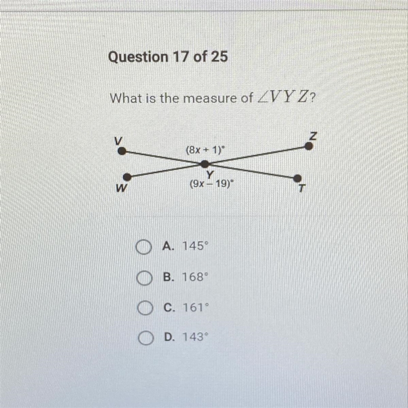 What is the measure of angle VYZ-example-1