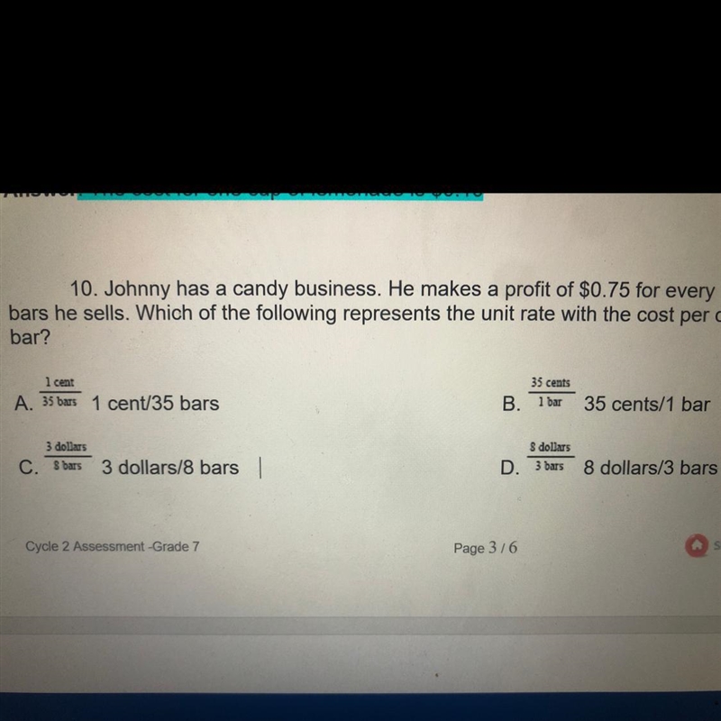 Johnny has a candy business. He makes an profit of $0.75 for every 2 candy bars he-example-1