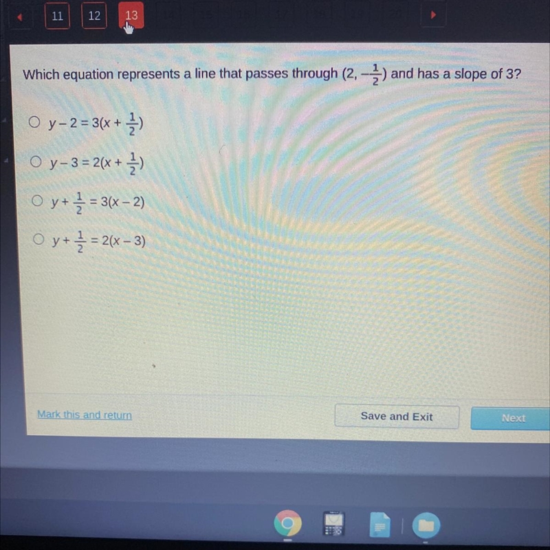 Which equation represents a line that passes through (2, ) and has a slope of 3? O-example-1