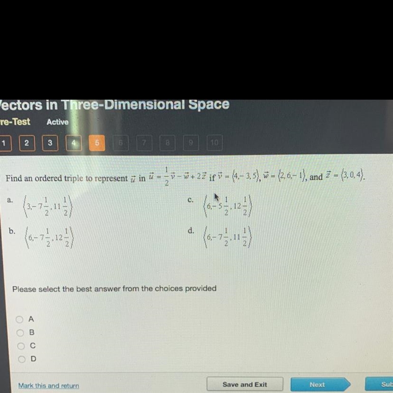 Find the ordered triple to represent u in u= 1/2 v - w +2z if v=(4,-3,5) w=(2,6,-1) and-example-1