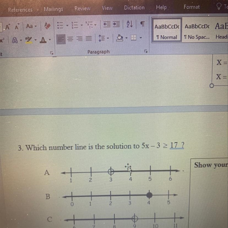 Which number line is the solution to 5x - 3 _> 17-example-1